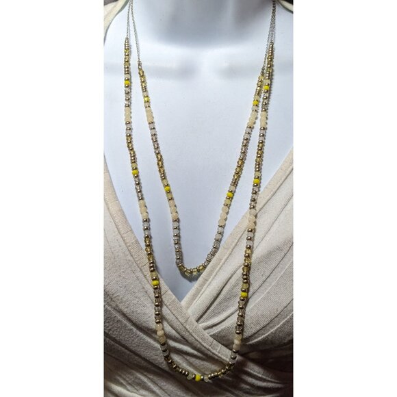 Yellow Silver Tone And White Beaded Multilayer Necklace - Picture 7 of 9